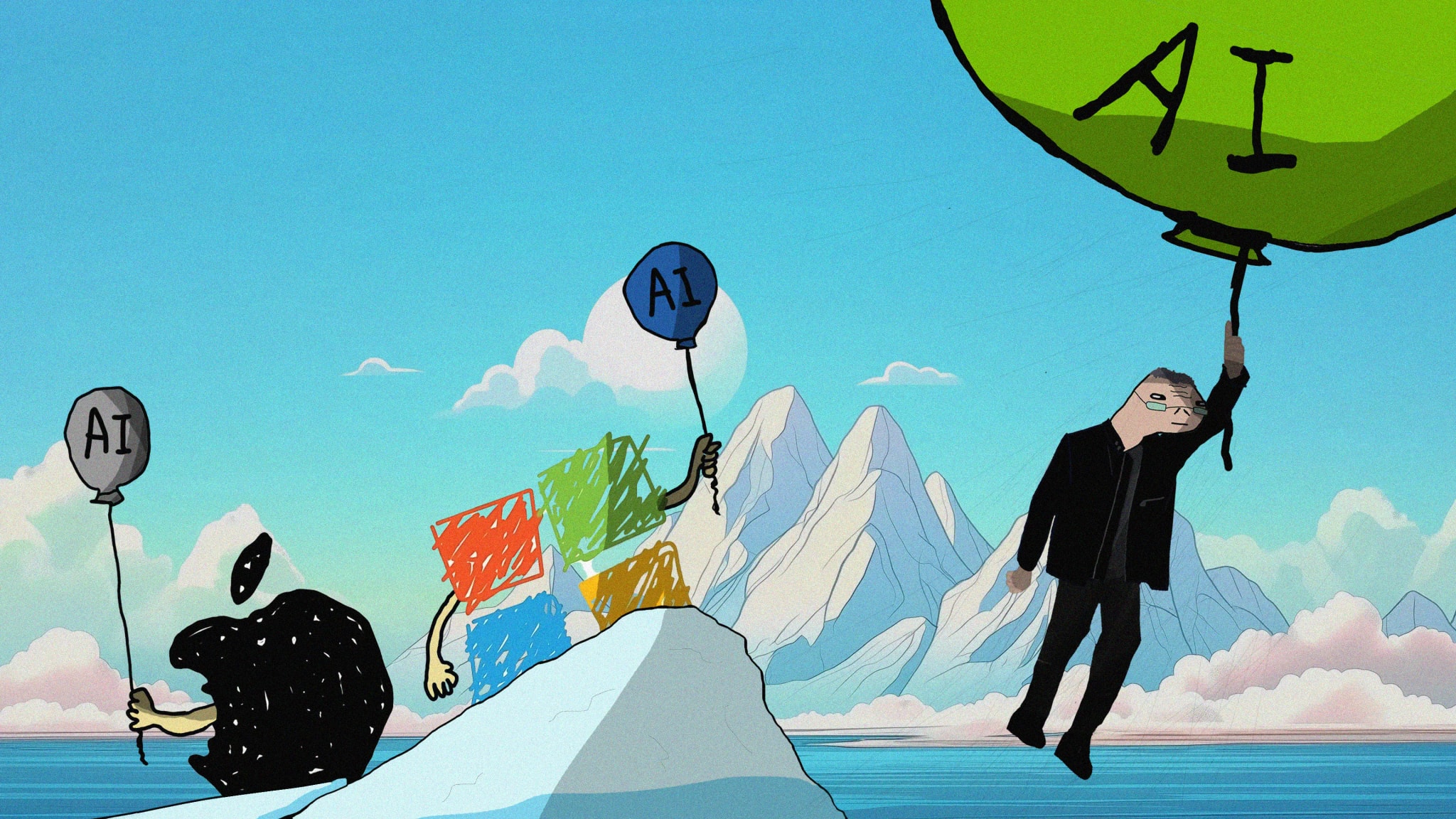 nvedua floating away on a giant AI balloon while others cling to smaller ones
